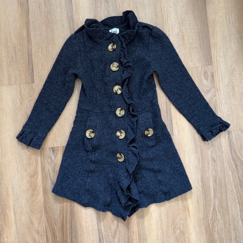 Luii Charcoal Gray 100% Wool Ruffle Front Button Down Coat Small y2k vintage